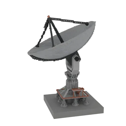 3D модель детализированной спутниковой тарелки с большим параболическим рефлектором и сложной опорной конструкцией, отрисован