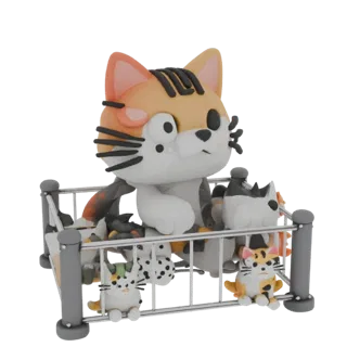 3D рендер стилизованной семьи кошек, включая кошку-мать и нескольких котят, играющих внутри миниатюрного металлического манеж