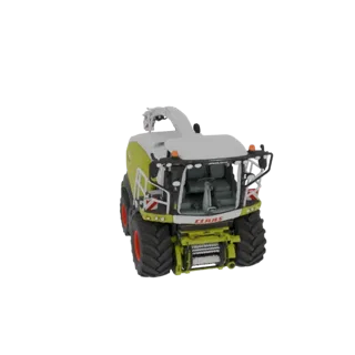 Вид спереди 3D модели кормоуборочного комбайна Claas Jaguar 960, демонстрирующий его большие колеса, зелено-желтый корпус и ж