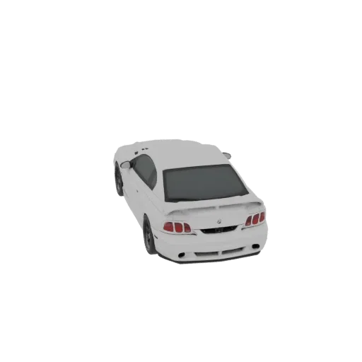 Вид сверху сзади на 3D модель белого Ford Mustang GT Coupe 1996-2000 на черном фоне.