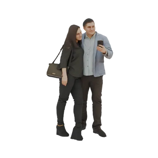 3D-модель мужчины в синем блейзере и женщины в черном топе, делающих селфи вместе.