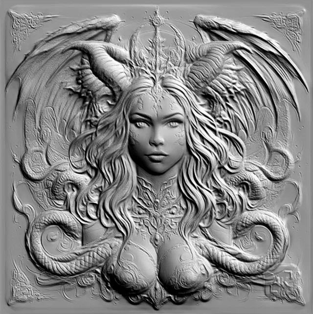3D модель барельефа с головой драконицы, украшенной короной, с раскинутыми крыльями и змеиными элементами.