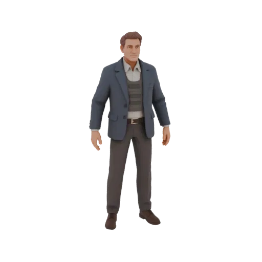 3D модель мужчины средних лет в синем пиджаке, рубашке, брюках и бронежилете, стоящего в непринужденной позе.