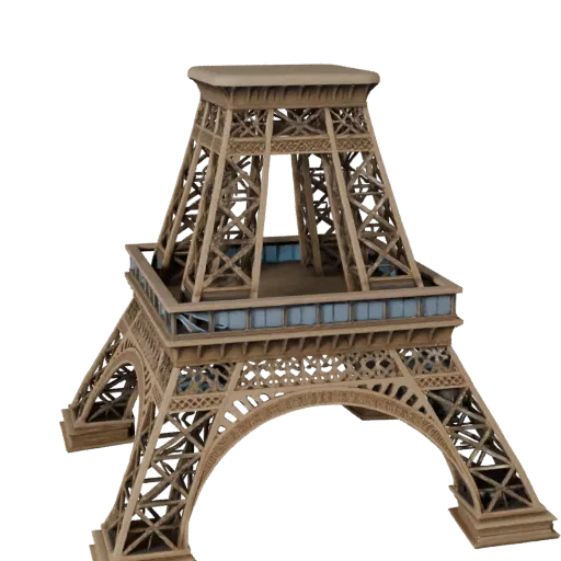Стилизованная 3D модель Эйфелевой башни, изометрический вид стилизованной игровой среды, показывающий материалы структуры дос