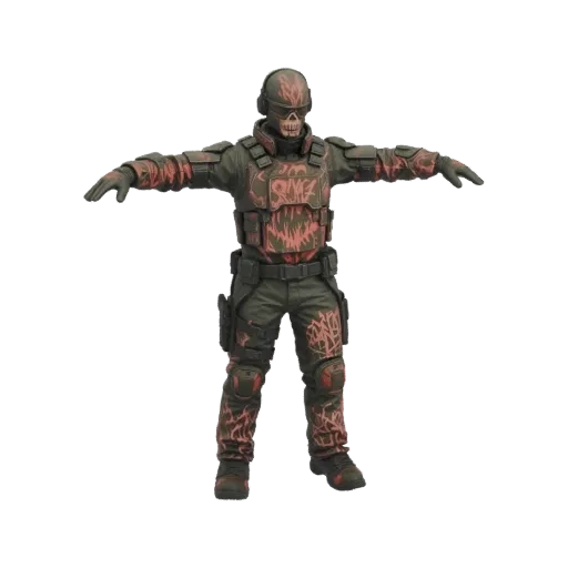 3D модель солдата в маске-черепе с красными граффити-акцентами, в T-pose.