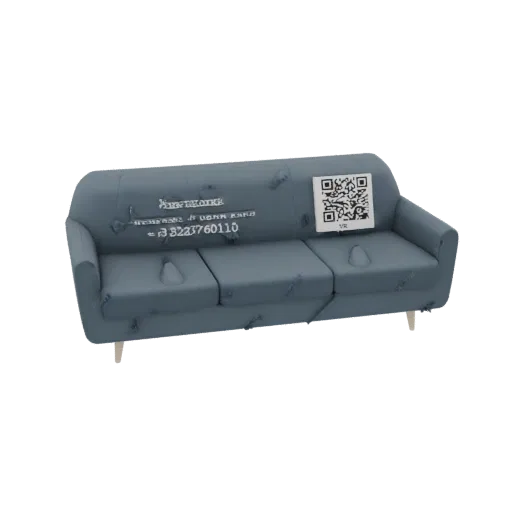3D модель современного синего дивана с тремя подушками, с наклейкой QR-кода на спинке.