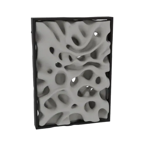 3D рендер светло-серой органической решетчатой панели с текучими, взаимосвязанными формами в темной раме.