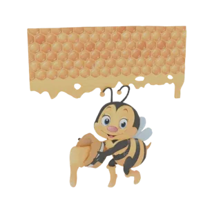 3D модель милой мультяшной пчелы с чёрно-жёлтыми полосками, держащей соты с капающим мёдом, на фоне сот.