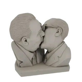 3D модель монохромного бюста, изображающего двух мужчин в страстном поцелуе в костюмах.