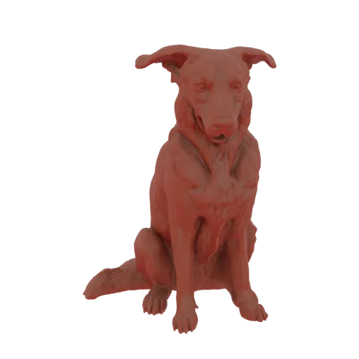 Рендер 3D модели рыжевато-коричневой собаки, внимательно сидящей на белом фоне.