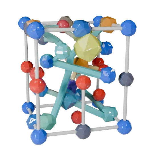 Низкополигональная 3D-модель органической кристаллической решетки, вид в игровом окне с трех четвертей, показывающий цветные