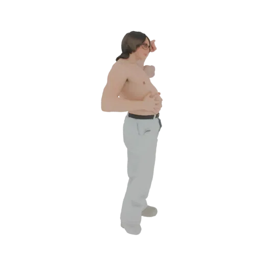 3D модель мужчины в очках, в заправленной рубашке и светлых брюках, смотрящего в сторону.