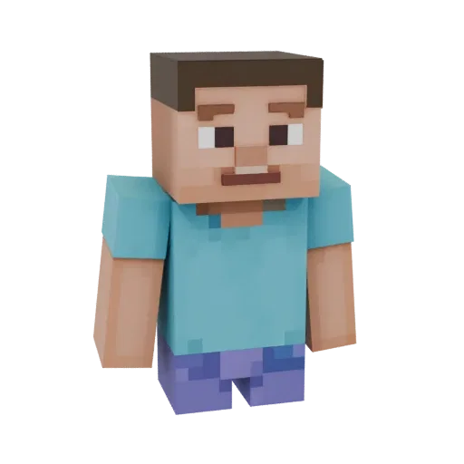 3D модель Стива из игры Minecraft, стоящего на черном фоне, в синей футболке и синих штанах.