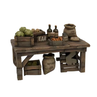 3D рендер деревенской деревянной рыночной лавки с ящиками овощей, бутылками и мешками из мешковины на белом фоне.