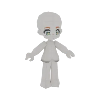 A white, low-poly 3D model of a Chibi character with large green eyes and a neutral expression, standing with arms slightly o