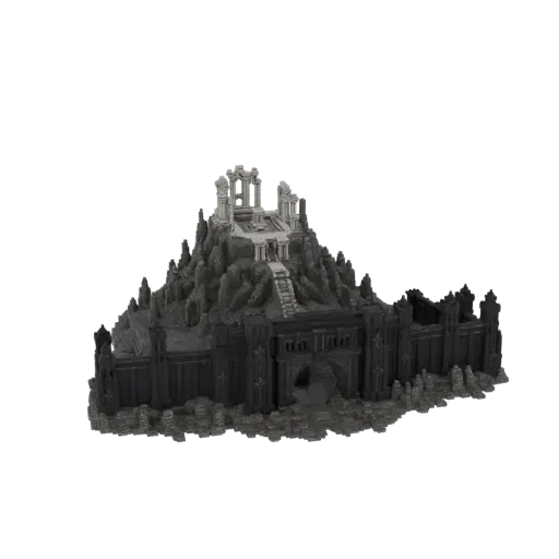 3D модель темной, внушительной крепости, встроенной в скалистый горный пик с разрушенными постройками на вершине.