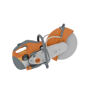 3D-модель отрезной пилы Stihl TS 420 с оранжево-серым корпусом и большим режущим диском.