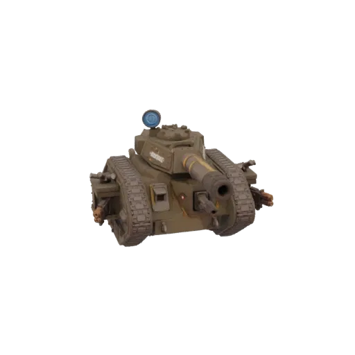 Вид спереди детализированной 3D-модели зеленого танка Лемана Расса Имперской Гвардии с большой пушкой и гусеницами.