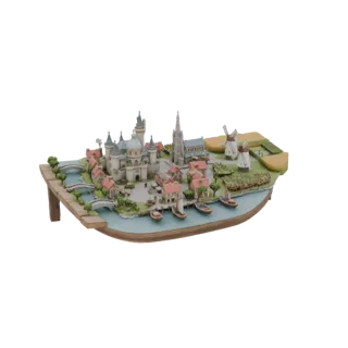 3D модель очаровательной средневековой деревни с замком, домами, каналами, лодками и ветряными мельницами, на деревянной подс