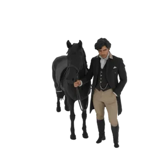3D модель викторианского джентльмена в черном фраке и бежевых бриджах, держащего поводья черной лошади.