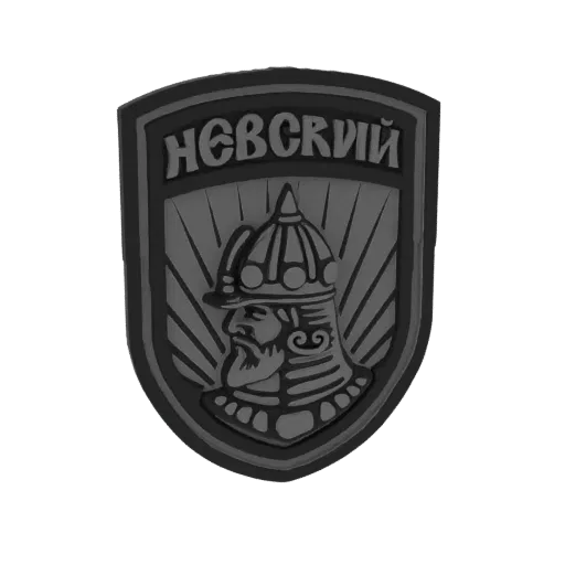 Рендер 3D модели эмблемы Александра Невского с профилем воина и кириллицей на щите.