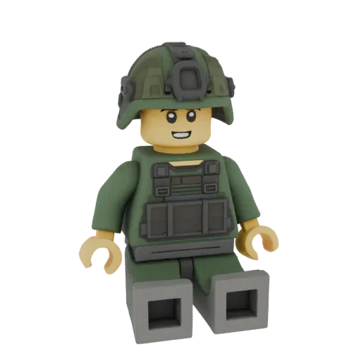 3D модель тактического шлема военного в стиле минифигурки Lego, зеленого цвета, на белом фоне