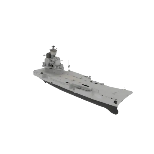 3D модель современного авианосца, вид под углом три четверти, демонстрирующий длинную полетную палубу и структуру острова.