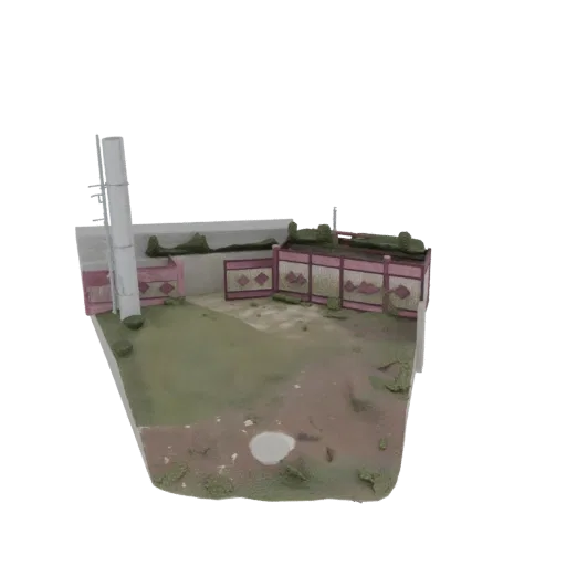 3D модель заброшенного розового дома с высокой трубой и заросшим, запущенным двором с разбросанным мусором.