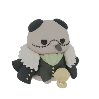 3D model of a chibi character resembling Crocodile from One Piece, wearing a dark coat and a golden hook hand.