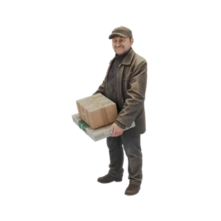 3D модель улыбающегося курьера в коричневой куртке и кепке, держащего две картонные посылки.
