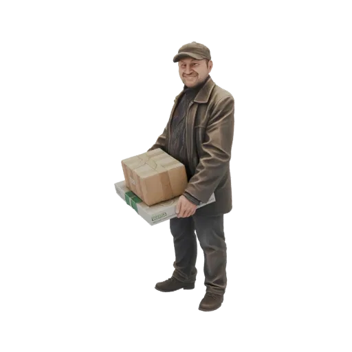 3D модель улыбающегося курьера в коричневой куртке и кепке, держащего две картонные посылки.