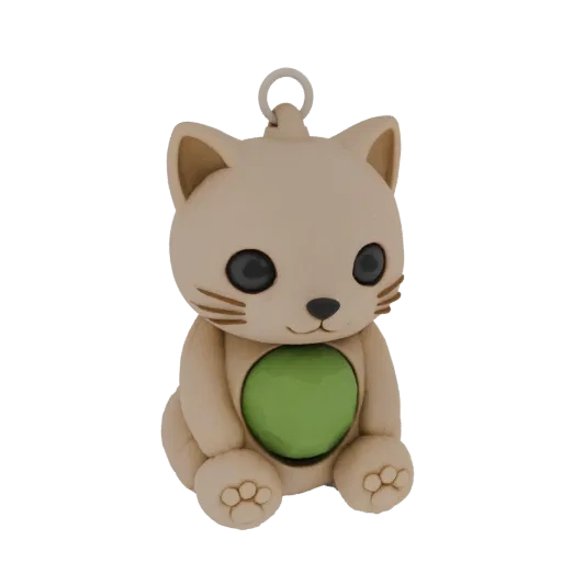 3D модель милого светло-коричневого мультяшного кота, сидящего с ярко-зеленым шаром в груди, на белом фоне.