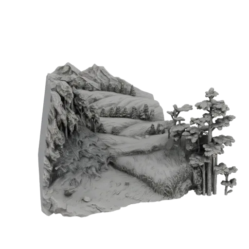 3D модель альпийского горного перевала со скалами, соснами и далекими вершинами.