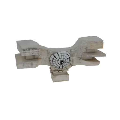 3D модель футуристической архитектурной структуры с центральной спиральной деталью, выполненная в текстуре, напоминающей бето