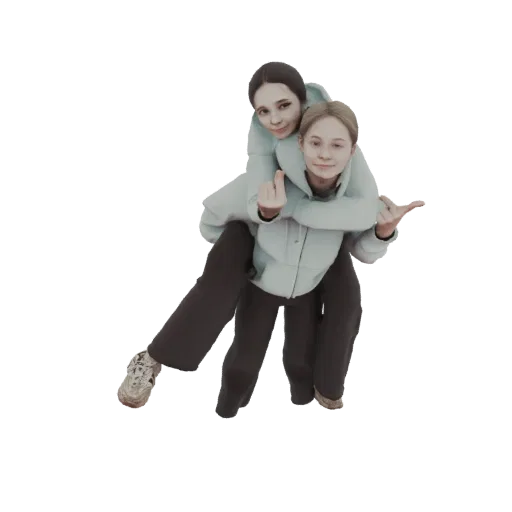 3D модель двух молодых женщин в позе "на спине", обе улыбаются, та, что сверху, игриво показывает средний палец.