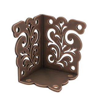 3D model of an ornate corner protector with intricate floral filigree and an antique bronze finish, shown from an angled pers