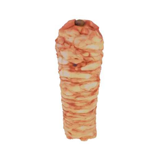 3D модель вертикальной шаурмы со слоями приправленного жареного мяса и темным гарниром сверху.