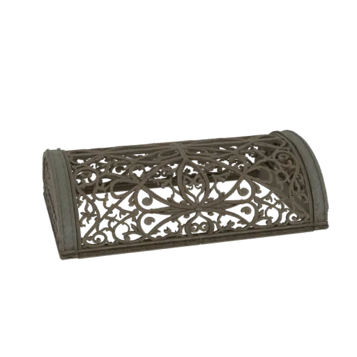 3D модель арки с витиеватым орнаментом и состаренными элементами на белом фоне.