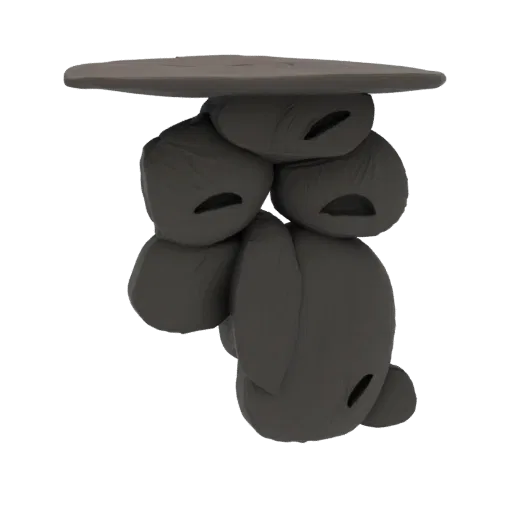 3D модель каменного дольмена с резными лицами, стоящего на грубо отесанных камнях, с большой плитой сверху.