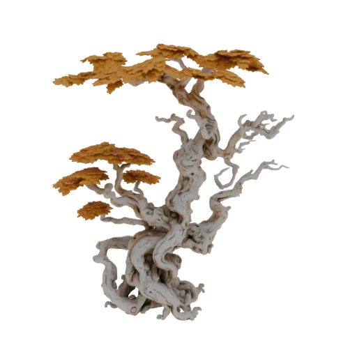 3D модель корявого, древнего бонсай с толстым, скрученным стволом и яркой золотой листвой на белом фоне.