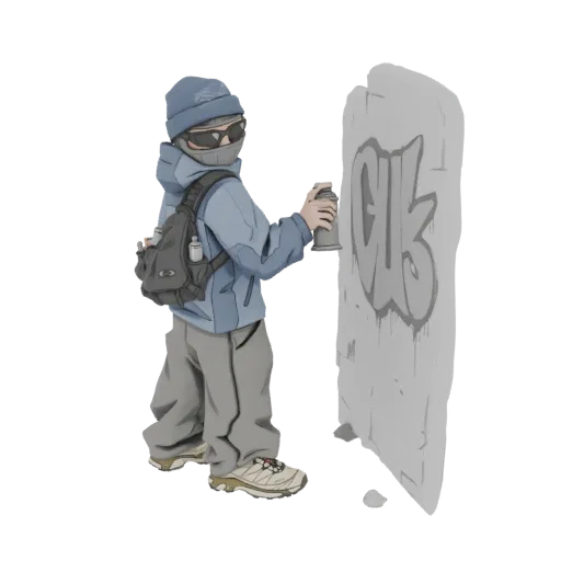 3D-модель граффити-художника в шапке и маске, рисующего на стене серыми буквами.