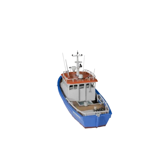 Готовая к игре 3D-модель рыболовной лодки, вид в три четверти в студии, готовый к производству актив транспортного средства с