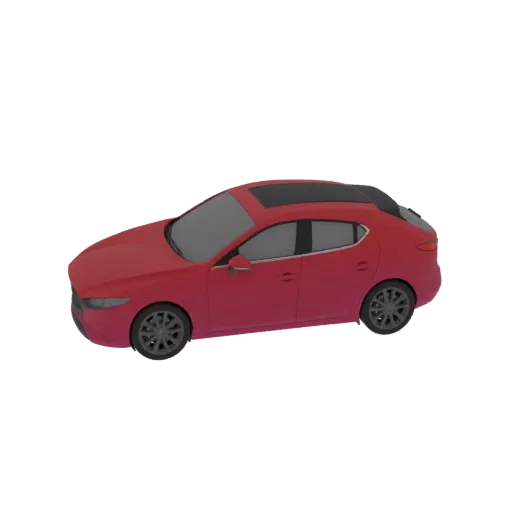 3D модель красного хэтчбека с люком, вид с трехчетвертной перспективы на белом фоне.