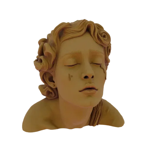 3D модель бюста плачущего ангела с закрытыми глазами и слезами, детализированными волосами и меланхоличным выражением.