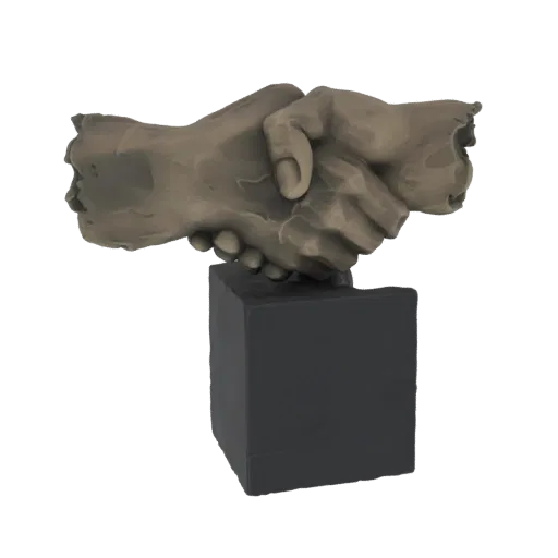 3D модель скульптуры рукопожатия с каменной текстурой на темном постаменте, символизирующая согласие и единство.