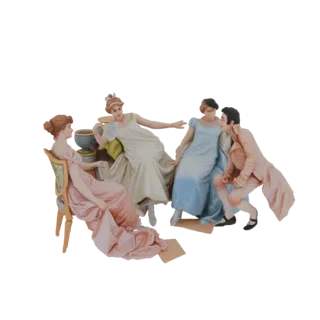 3D-модель сцены салона эпохи Регентства с четырьмя фигурами в одежде того периода, две женщины и два мужчины, в беседе.