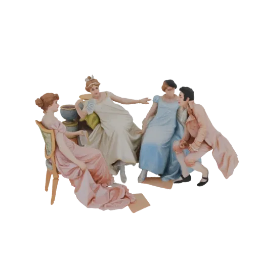3D-модель сцены салона эпохи Регентства с четырьмя фигурами в одежде того периода, две женщины и два мужчины, в беседе.
