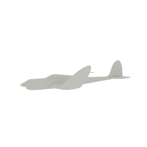 Side view of a 3D model of the De Havilland Mosquito light bomber, rendered in a neutral grey color against a white backgroun