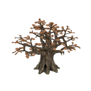 3D модель корявого древнего дерева с полостью у основания и редкими коричневыми листьями на белом фоне.