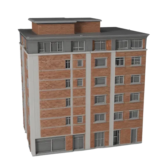Реалистичная 3D модель дуплекса, вид с трех четвертей снаружи, показывающий материалы жилого здания и архитектурные детали